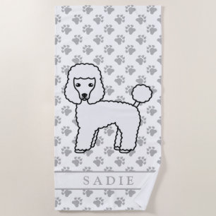 White Toy Poodle Cute Cartoon Dog & Name Beach Towel