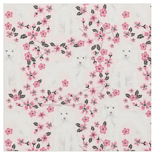 white toy poodle pink cherry blossoms floral fabric