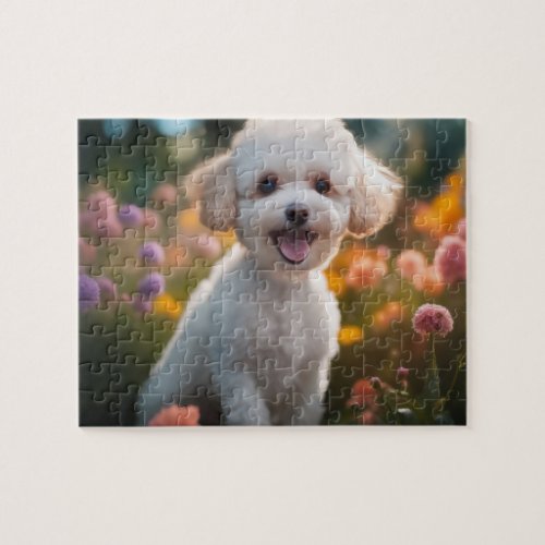 White Toy Poodle Puppy in Flowery Field Jigsaw Puzzle