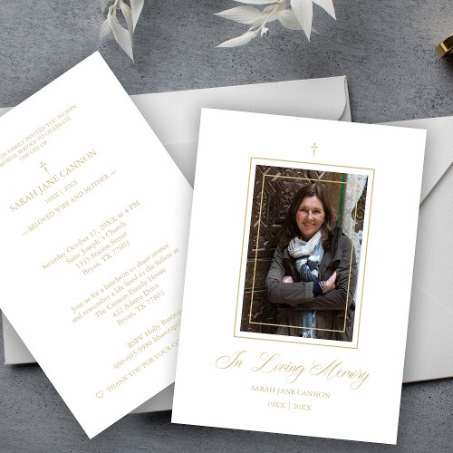 White Traditional  Elegant Golden Photo Funeral Note Card