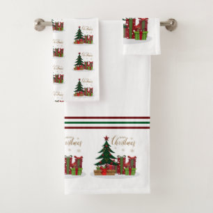 White Traditional Merry Christmas Tree Bath Towel Set