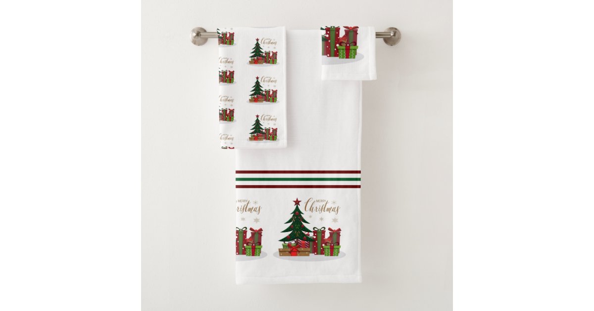 White Traditional Merry Christmas Tree Bath Towel Set Zazzle