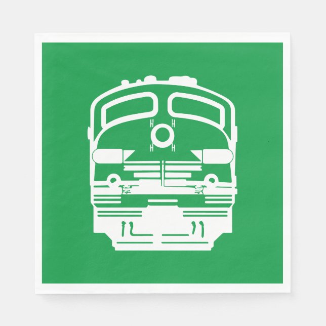 White Train Engine Profile on Green Background Napkins (Front)