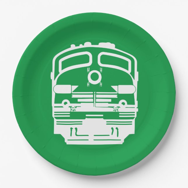 White Train Engine Profile on Green Background Paper Plates (Front)