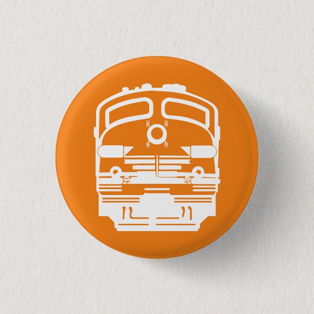 White Train Engine Profile on Orange Background Button (Front)