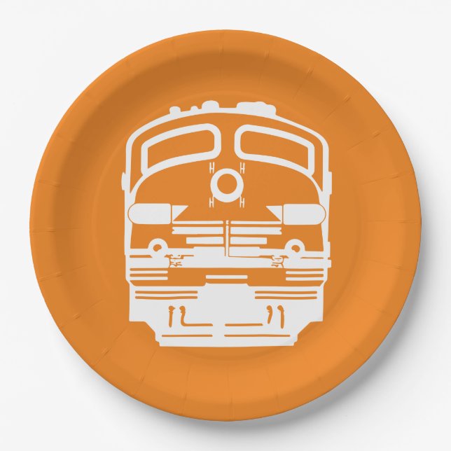 White Train Engine Profile on Orange Background Paper Plates (Front)