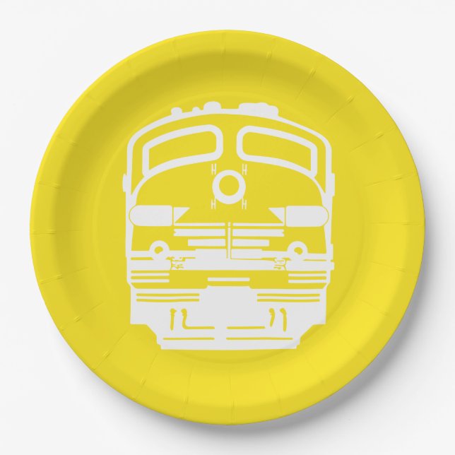 White Train Engine Profile on Yellow Background Paper Plates (Front)