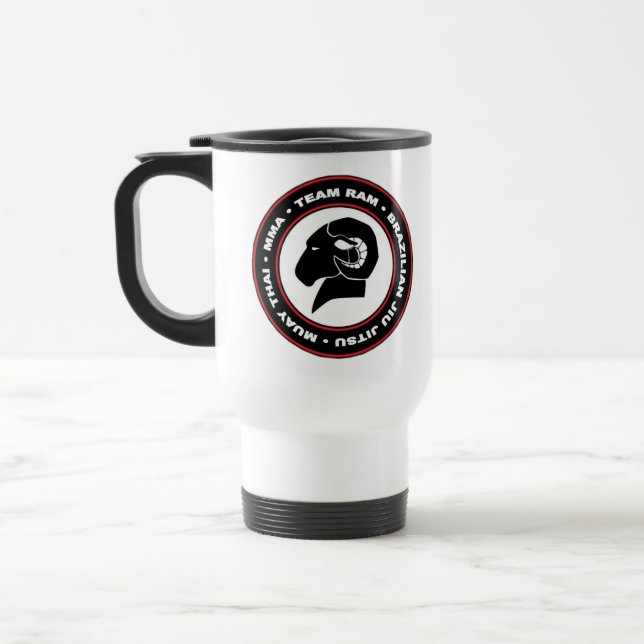 White Travel Mug, Black and Red RAM Logo Travel Mug (Left)