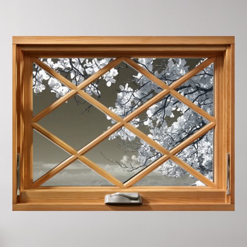White Tree Blossom Faux Fake Window Poster
