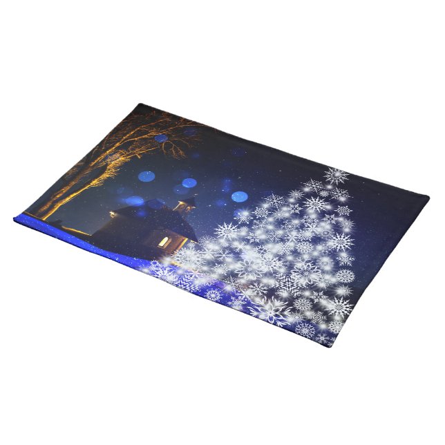 White tree blue christmas cloth placemat (On Table)