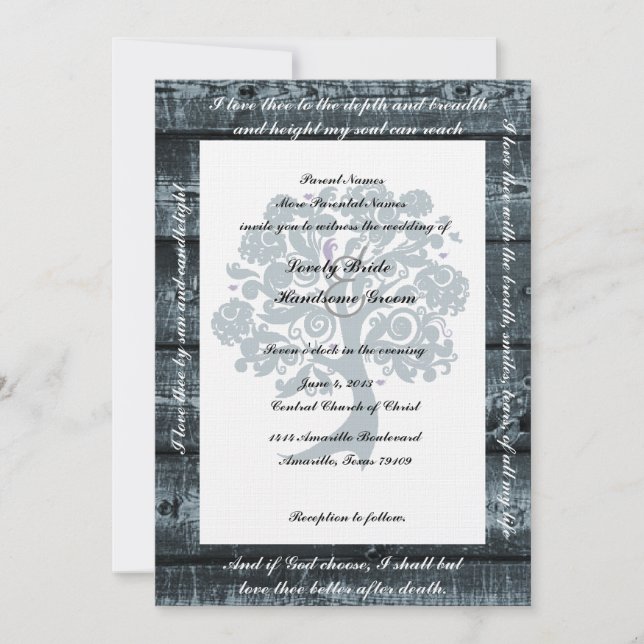 White Tree Blue Wood Poetry Wedding Invitation (Front)