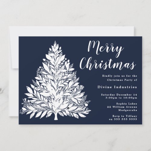 White Tree Navy Blue Christmas Party  Invitation