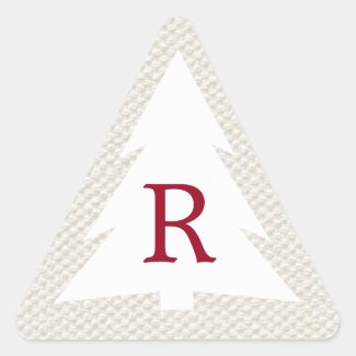 White Tree on Beige, Burgundy Monogram Christmas Triangle Sticker