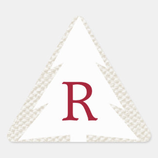 White Tree on Beige, Burgundy Monogram Christmas Triangle Sticker