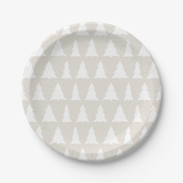 White Tree Pattern Faux Beige Canvas Holiday Party Paper Plates (Front)
