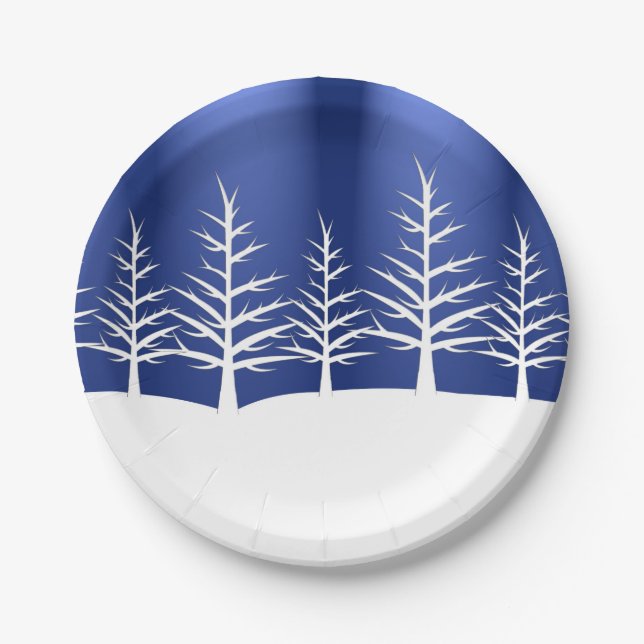 White Tree Silhouettes Christmas Paper Plates (Front)