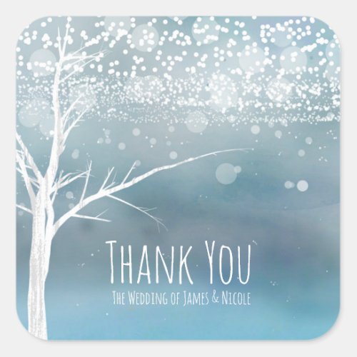 White Tree Winter Blue Elegant Wedding Favor Square Sticker