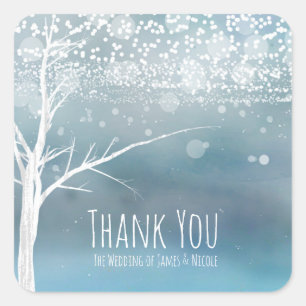 White Tree Winter Blue Elegant Wedding Favor Square Sticker
