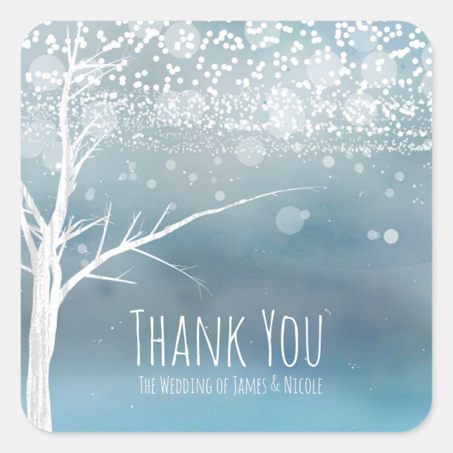 White Tree Winter Blue Elegant Wedding Favor Square Sticker (Front)