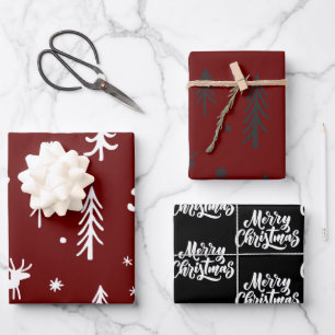 White Trees Illustrations Red Christmas Pattern Wrapping Paper Sheets