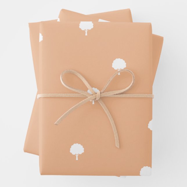 White Trees on Light Brown Background Wrapping Paper Sheets (In situ)