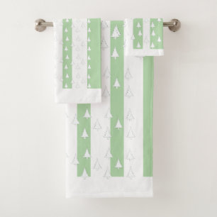 White Trees + Pastel Green Stripes Bath Towel Set