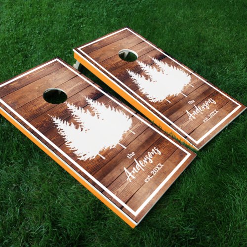 White Trees Stained Wood Boards Family Name Cornhole Set