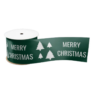White Trees With Merry Christmas Text On Green Satin Ribbon