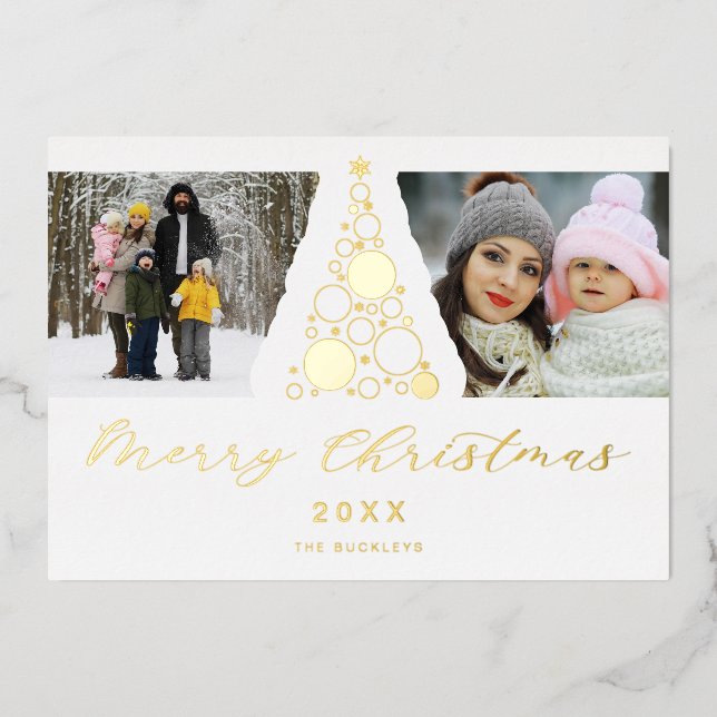 White Trendy Luxury Christmas Tree 2 Photos Family Foil Holiday Card (Front)