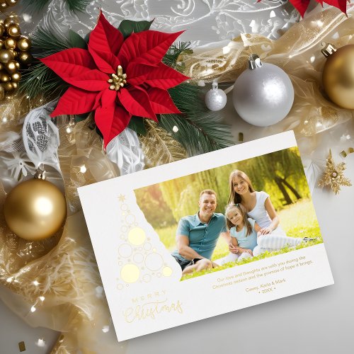 White Trendy Luxury Christmas Tree Photo Foil Holiday Card