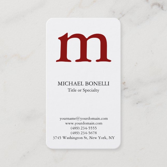 White trendy modern dark red monogram business card (Front)