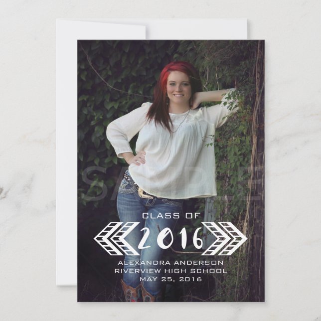White Tribal Aztec Photo Graduation Announcement (Front)