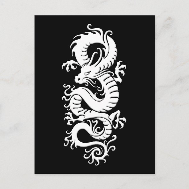 White Tribal Chinese Dragon on Black Postcard (Front)