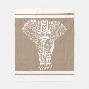White Tribal Elephant Faux Burlap Fleece Blanket