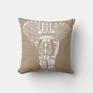White Tribal Elephant FAUX Burlap Throw Pillow