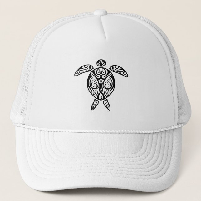 White Tribal Hawaiian Tattoo Boho Sea Turtle Trucker Hat (Front)