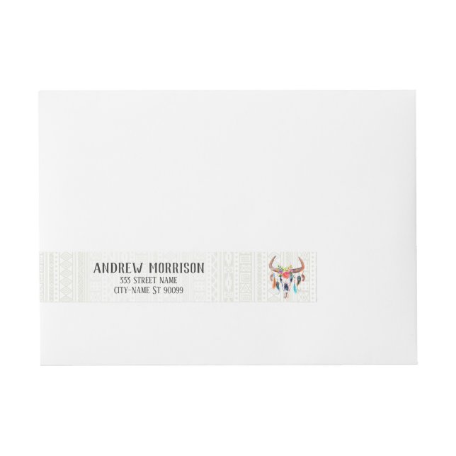 White Tribal Pattern And Bull Skull Wrap Around Address Label (Front)