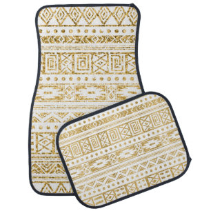 White Tribal Pattern Gold Glitter Car Mat