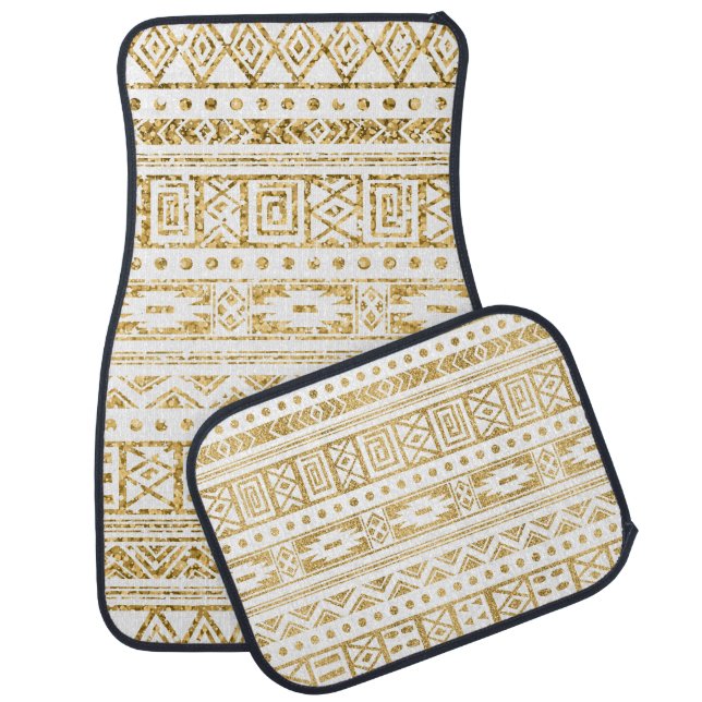 White Tribal Pattern Gold Glitter Car Mat (Set)