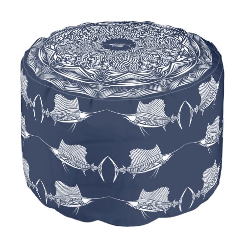 White Tribal Sailfish Mandala on Navy Pouf