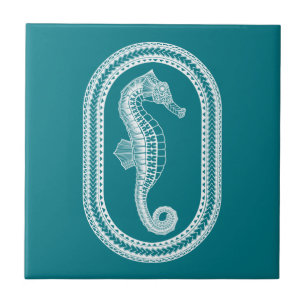 White Tribal Seahorse Ceramic Tile
