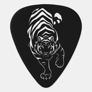 White Tribal Tiger On Black Guitar Picks