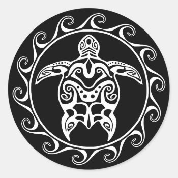 White Tribal Turtle Classic Round Sticker by BailOutIsland at Zazzle