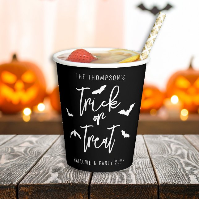 White Trick Or Treat Script Font Bats Halloween Paper Cups (Creator Uploaded)