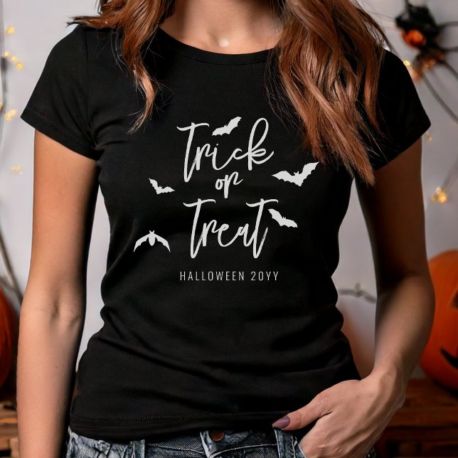 White Trick or Treat Text And Bats Halloween Year T-Shirt (Disclaimer: This image is a digital mockup.)