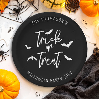 White Trick Or Treat Typography And Bats Halloween Paper Plates