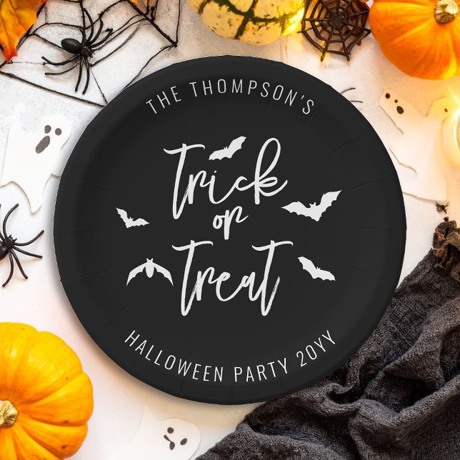 White Trick Or Treat Typography And Bats Halloween Paper Plates (Creator Uploaded)