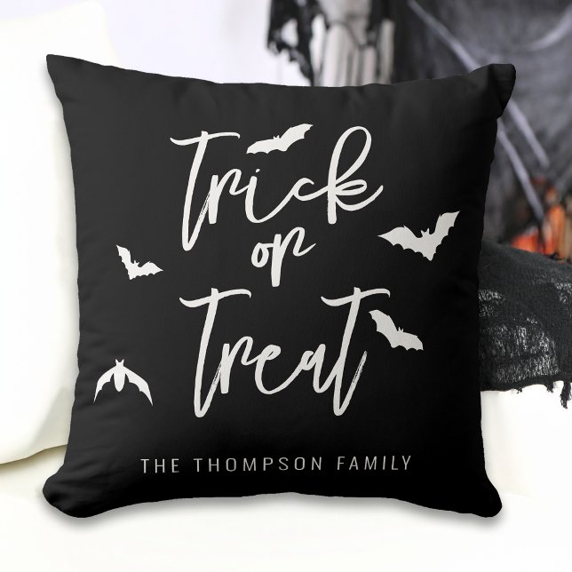 White Trick Or Treat Typography And Bats On Black Throw Pillow (Creator Uploaded)