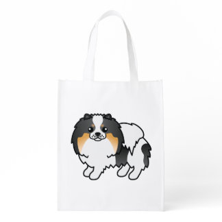White Tricolor Pomeranian Cute Cartoon Dog Grocery Bag