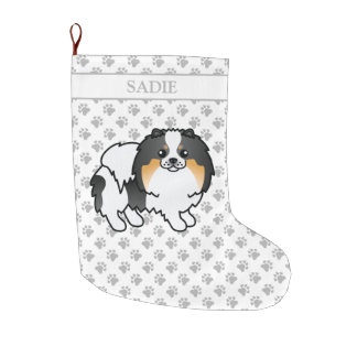 White Tricolor Pomeranian Cute Cartoon Dog &amp; Name Large Christmas Stocking